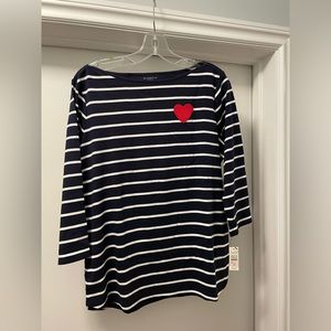 The Talbots Tee - Navy White Striped w/Red Heart - 3/4 sleeve - Size 1XP - NWT